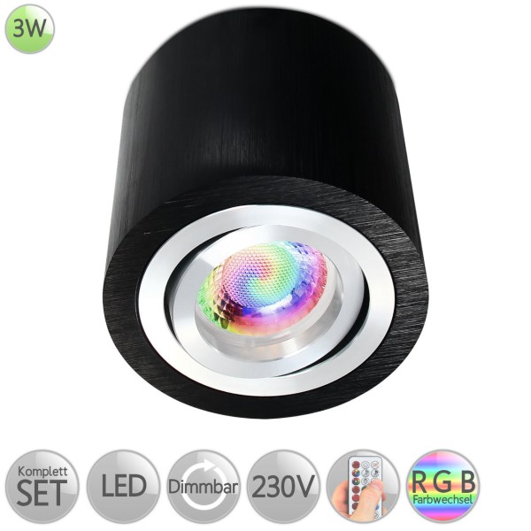 Aufbaustrahler Rund in Schwarz-gebürstet inkl. 3W LED GU10 RGB Farbwechsel dimmbar HO