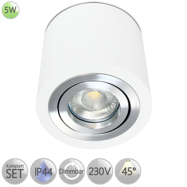 IP44 Aufbaustrahler Rund in Weiß inkl. 5W LED GU10 dimmbar Linse 45° HO