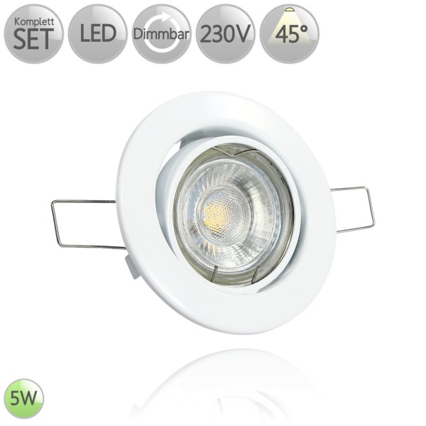 Metall Einbaustrahler Rund in Weiß inkl. 5W LED GU10 dimmbar 45° HO