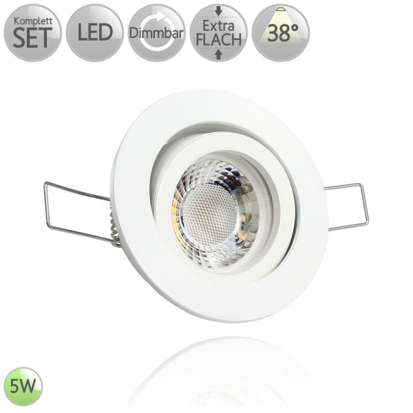 Druckguss Klick Einbaustrahler Rund in Weiß inkl. 5W LED flach Modul dimmbar 38° HO