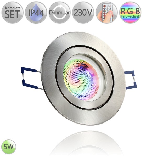 IP44 Alu Einbaustrahler Rund in Eisen-gebürstet inkl. 3W LED GU10 RGB dimmbar HO