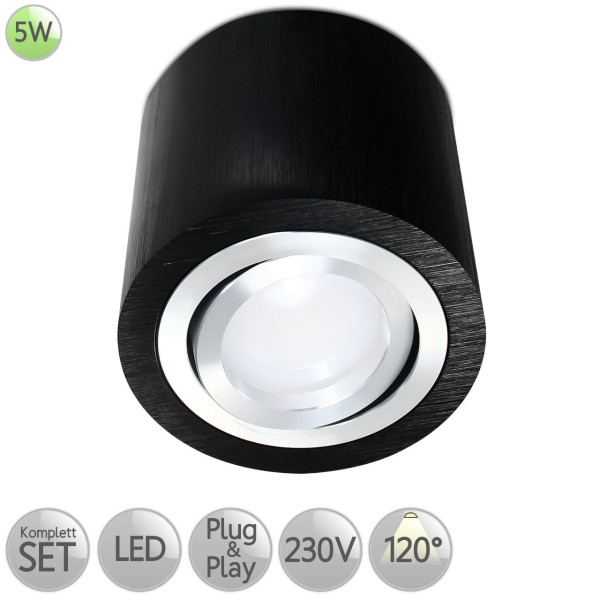 Aufbaustrahler Rund in Schwarz-gebürstet inkl. 5W LED GU10 diffuses Licht 120° HO