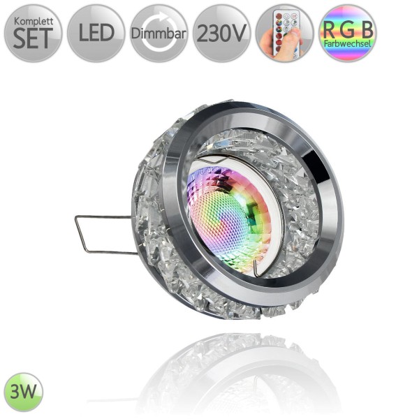 Kristall Einbaustrahler Rund mit Doppel Facette inkl. 3W LED GU10 RGB Farbwechsel dimmbar HO
