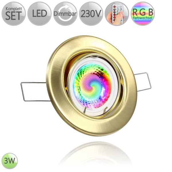 Metall Einbaustrahler Rund in Gold inkl. 3W LED GU10 RGB Farbwechsel dimmbar HO