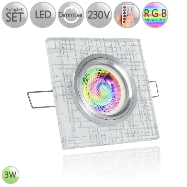 Kristall Einbaustrahler Eckig Glitzer warmweiß beleuchtet 3W LED GU10 RGB dimmbar HO