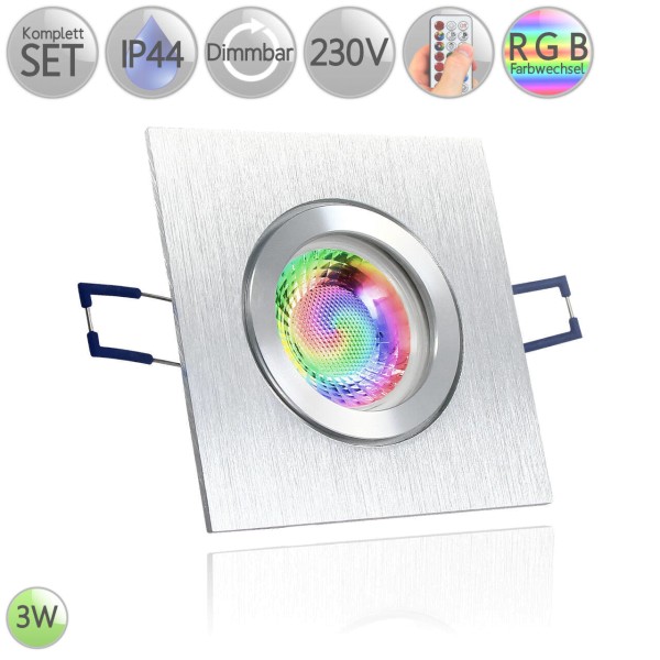 IP44 Einbaustrahler Eckig in Alu Bicolor-gebürstet inkl. 3W LED GU10 RGB Farbwechsel dimmbar HO