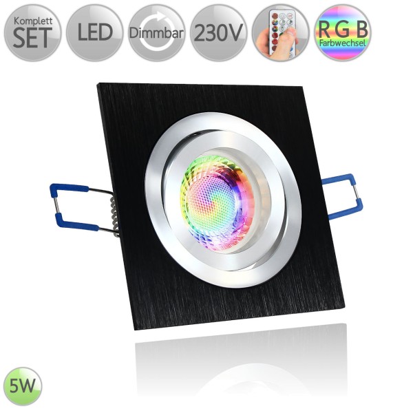 Alu Einbaustrahler Eckig in Bicolor Schwarz inkl. 3W LED GU10 RGB Farbwechsel dimmbar HO