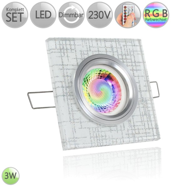 Kristall Einbaustrahler Eckig Glitzer kaltweiß beleuchtet 3W LED GU10 RGB dimmbar HO