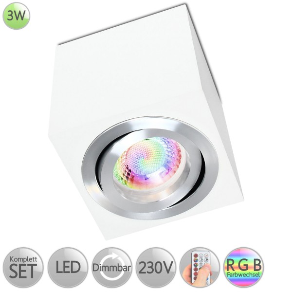 Aufbaustrahler Eckig in Weiß inkl. 3W LED GU10 RGB Farbwechsel dimmbar HO