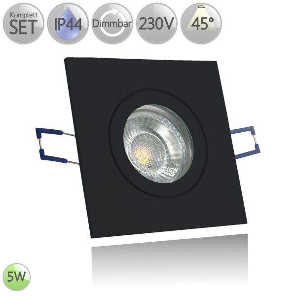 IP44 Alu Einbaustrahler Eckig in Schwarz inkl. 5W LED GU10 dimmbar 45° HO