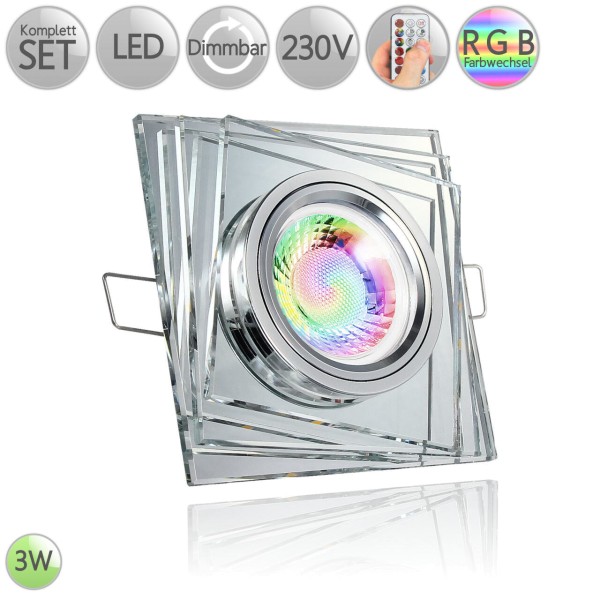 Kristall Einbaustrahler Eckig dreilagig Klarglas leuchtet in warmweiß 3W LED GU10 RGB dimmbar HO