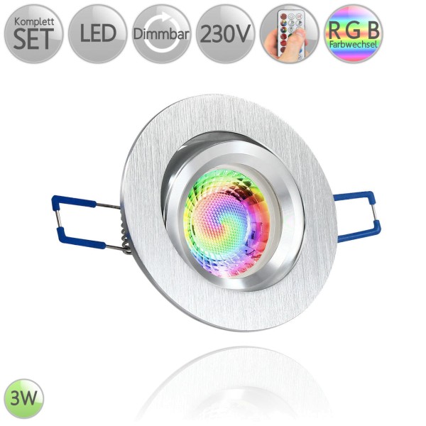 Spanndecken Alu Einbaustrahler Rund in Bicolor-gebürstet inkl. 3W LED GU10 RGB dimmbar HO