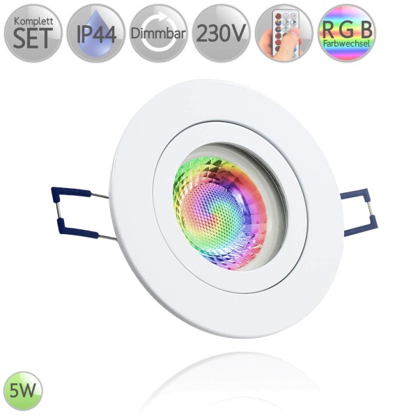 IP44 Alu Einbaustrahler Rund in Weiß inkl. 3W LED GU10 RGB Farbwechsel dimmbar HO