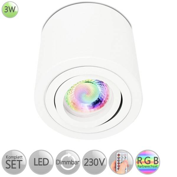 Aufbaustrahler Rund in Weiß mit indirekte Beleuchtung inkl. 3W LED GU10 RGB Farbwechsel dimmbar HO