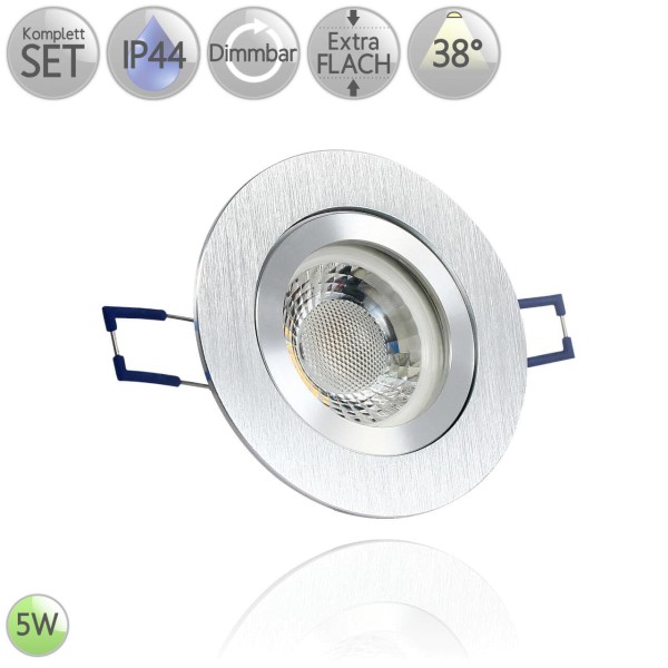 IP44 Einbaustrahler Rund in Alu Bicolor-gebürstet inkl. 5W LED flach Modul dimmbar 38° HO