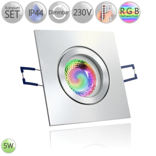 IP44 Einbaustrahler Eckig in Alu Feinschliff inkl. 3W LED GU10 RGB Farbwechsel dimmbar HO