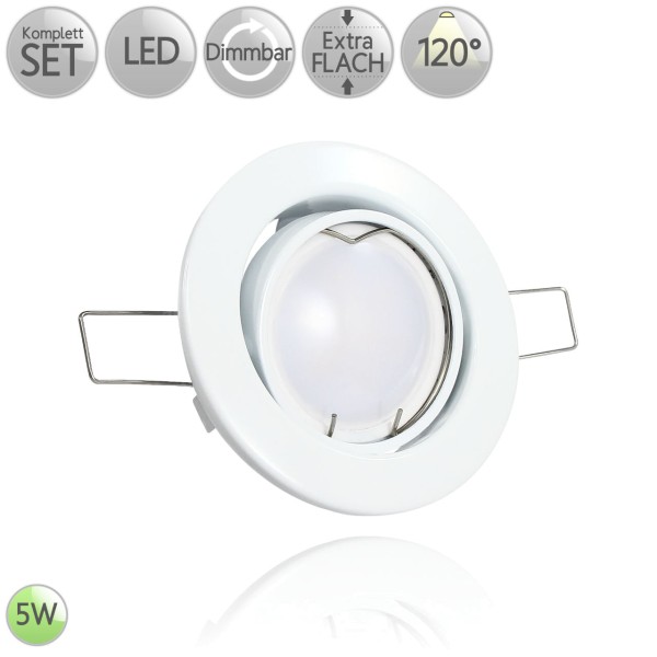 Metall Einbaustrahler Rund in Weiß inkl. 5W LED flach Modul dimmbar 120° HO