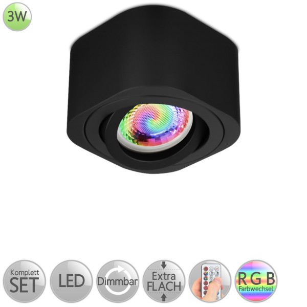 Aufbaustrahler Eckig abgerundet in Schwarz inkl. 3W LED flach Modul RGB Farbwechsel dimmbar HO