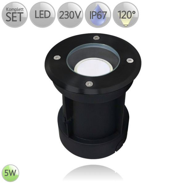 IP67 Bodenstrahler Rund in Schwarz inkl. 5W LED GU10 120° HO