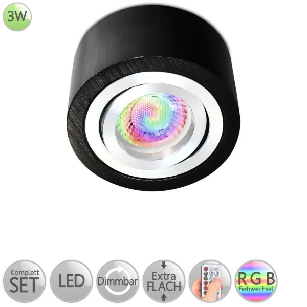 Aufbaustrahler Rund in Schwarz-gebürstet inkl. 3W LED flach Modul RGB Farbwechsel dimmbar HO