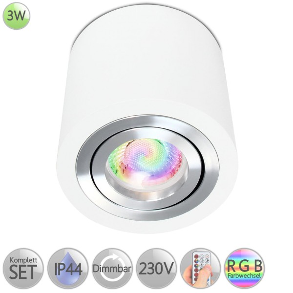 IP44 Aufbaustrahler Rund in Weiß inkl. 3W LED GU10 RGB Farbwechsel dimmbar HO