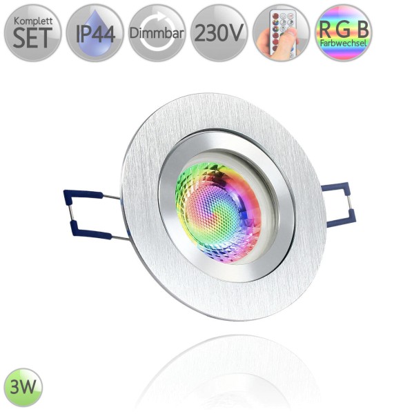 IP44 Einbaustrahler Rund in Alu Bicolor-gebürstet inkl. 3W LED GU10 RGB Farbwechsel dimmbar HO