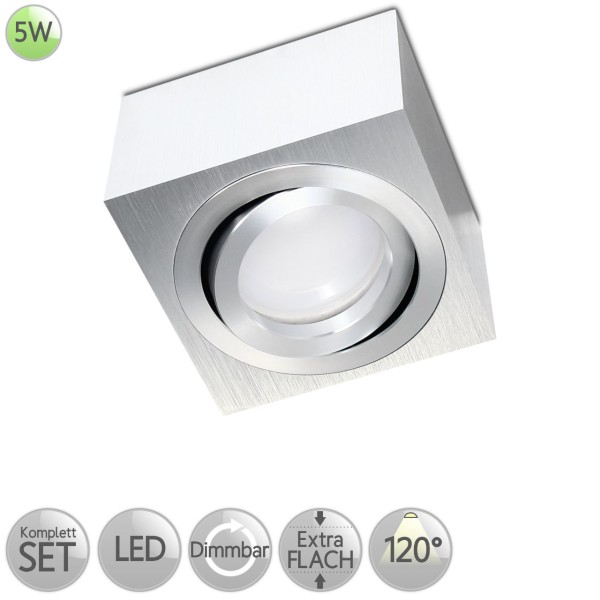 Aufbaustrahler Eckig in Alu-gebürstet inkl. 5W LED flach Modul dimmbar diffuses Licht 120° HO